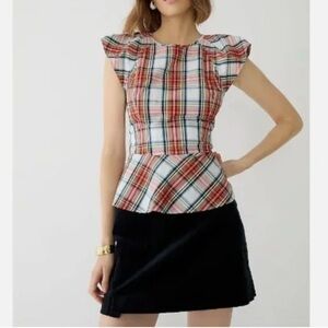 NEW J. CREW Cap-Sleeve Peplum Plaid Top SZ 12 Red White Snowy Stewart Tartan